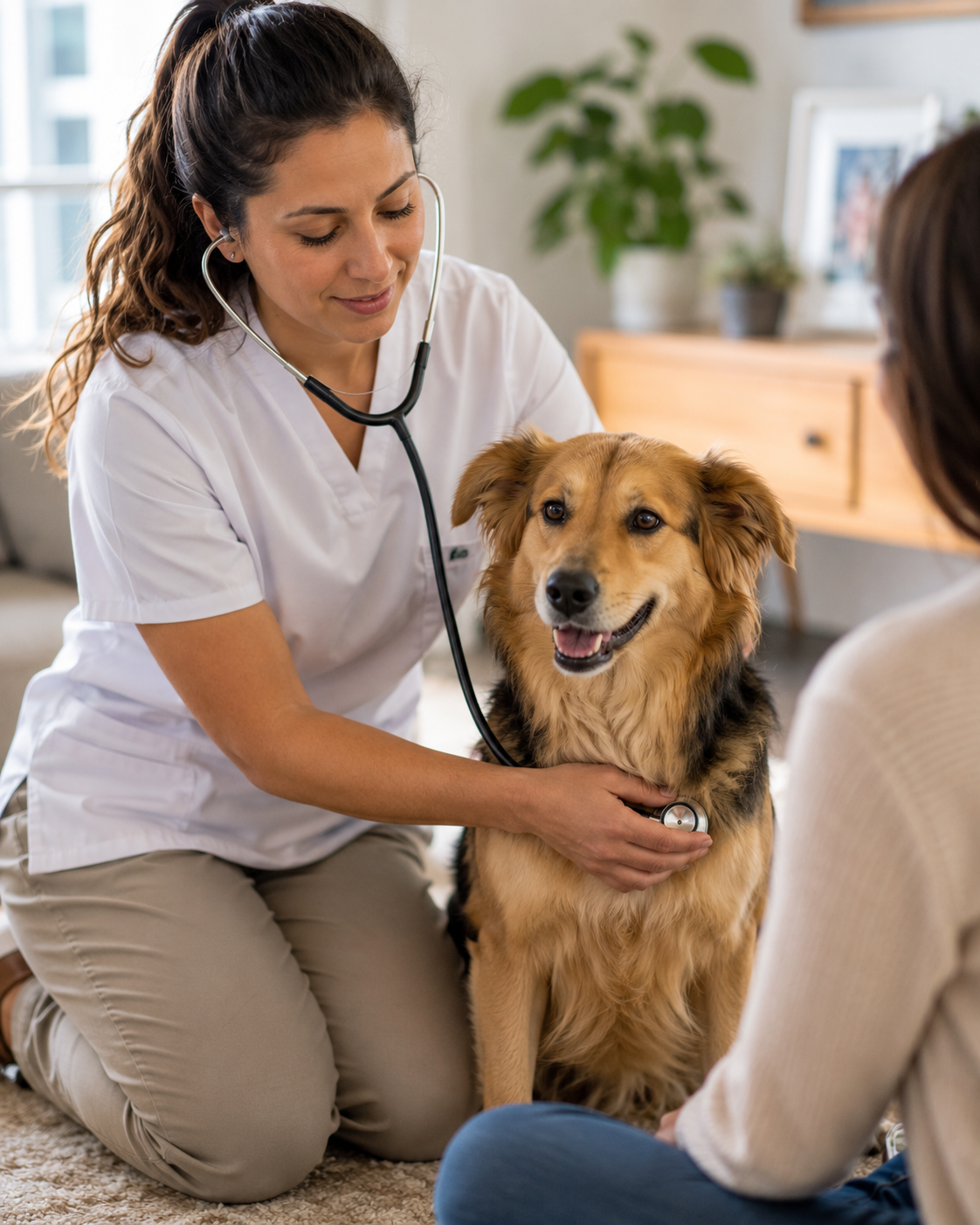 Veterinaria a domicilio Cafati atendiendo a perro en living familiar