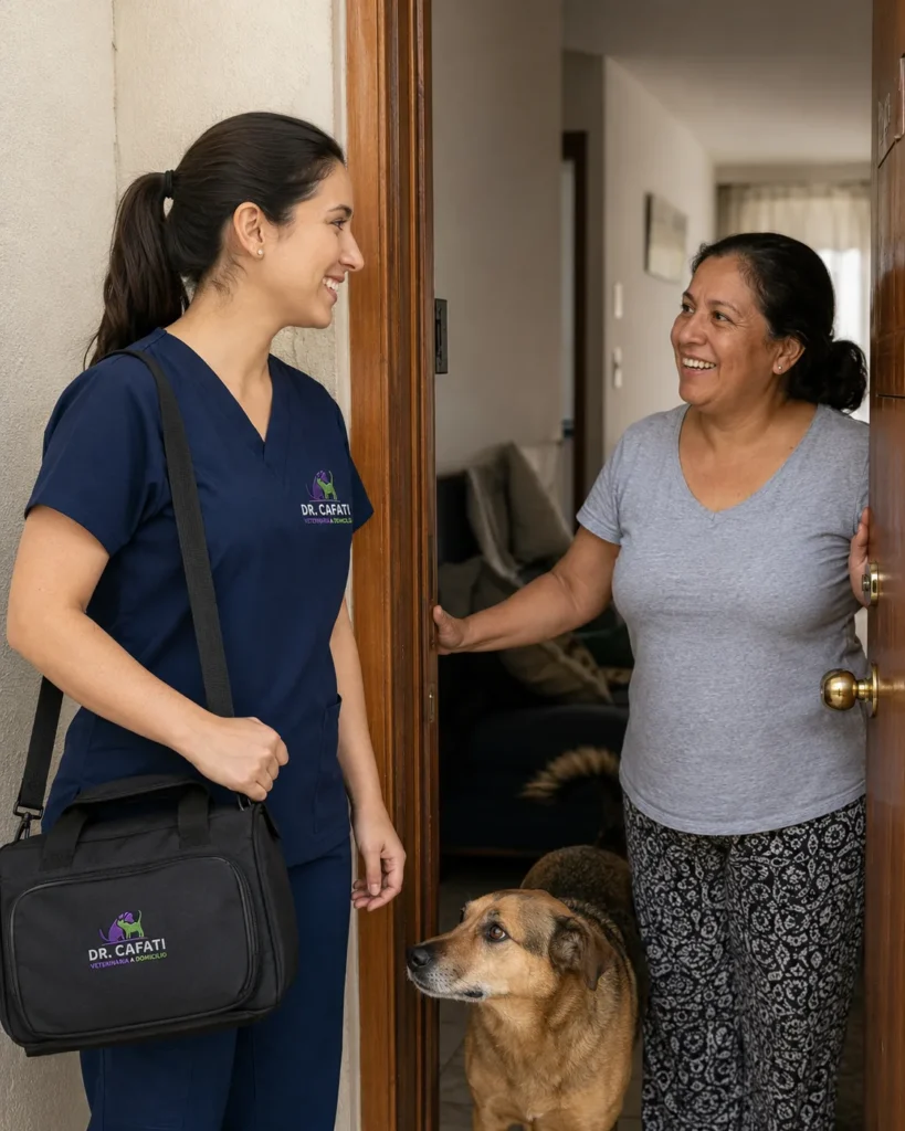 Veterinaria de Cafati llegando a la casa con su maletin, recibida por la tutora y su perro