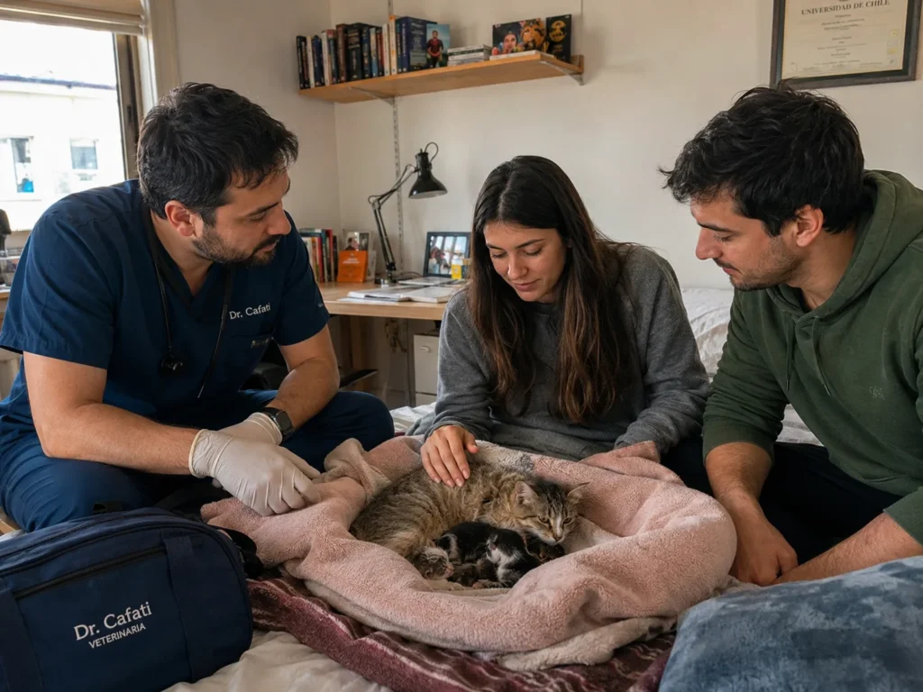 Toma de muestra veterinaria en el domicilio: la profesional trabaja con guantes sobre la mesa de la casa, acompañada por la familia