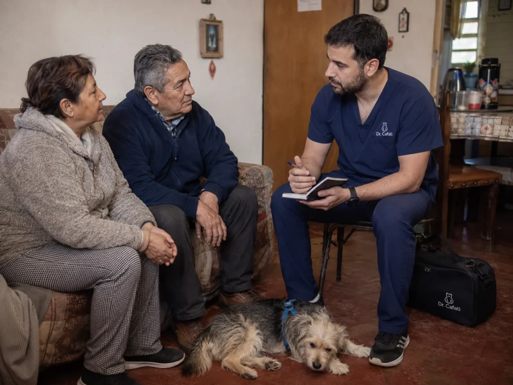 Médica veterinaria de Cafati en una consulta a domicilio con una familia y su gato