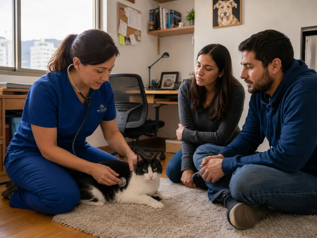 Consulta veterinaria en la casa de una familia, con la mascota tranquila