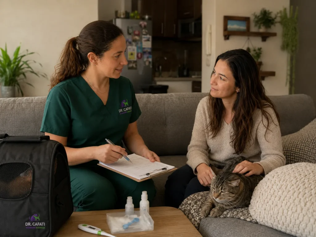 Médica veterinaria de Cafati examinando a un perro en el living de su familia