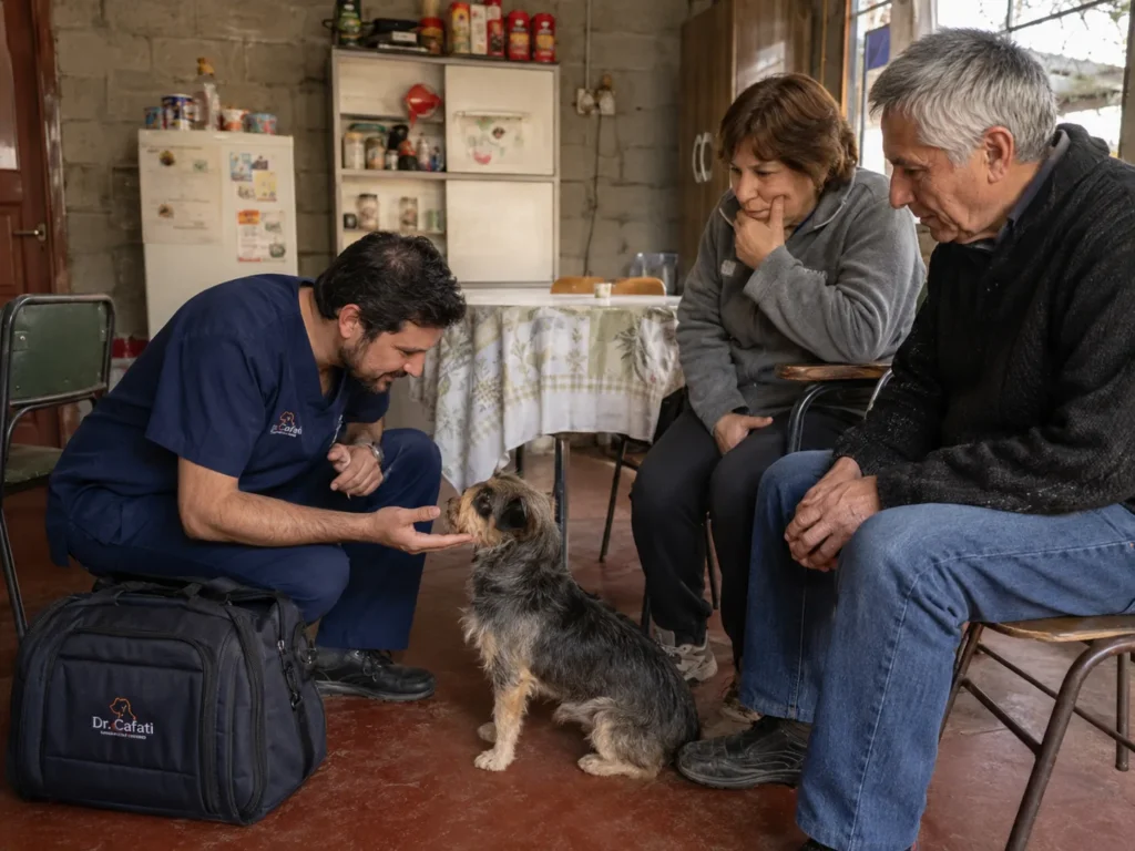 Familia con su mascota en casa, en Arica y Parinacota, esperando a la médica veterinaria a domicilio