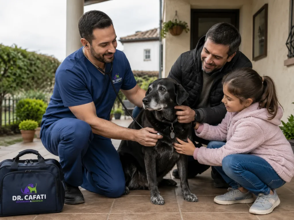 Familia con su mascota en casa, en Tarapacá, esperando a la médica veterinaria a domicilio