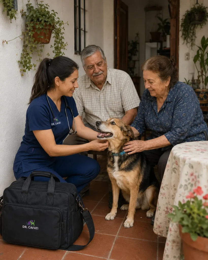 Familia con su mascota en casa, en Atacama, esperando a la médica veterinaria a domicilio