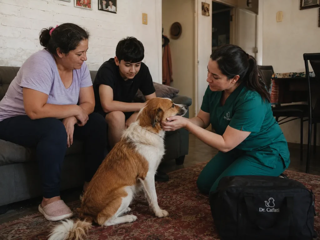 Familia con su mascota en casa, en Coquimbo, esperando a la médica veterinaria a domicilio