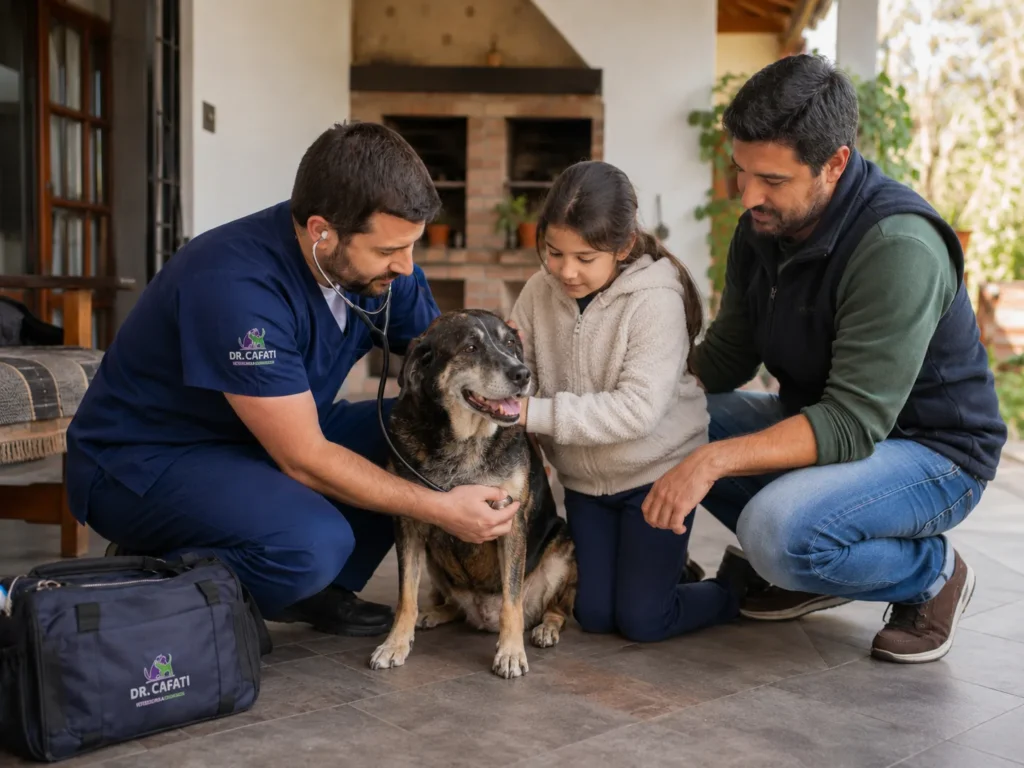Familia con su mascota en casa, en Santiago, esperando a la médica veterinaria a domicilio