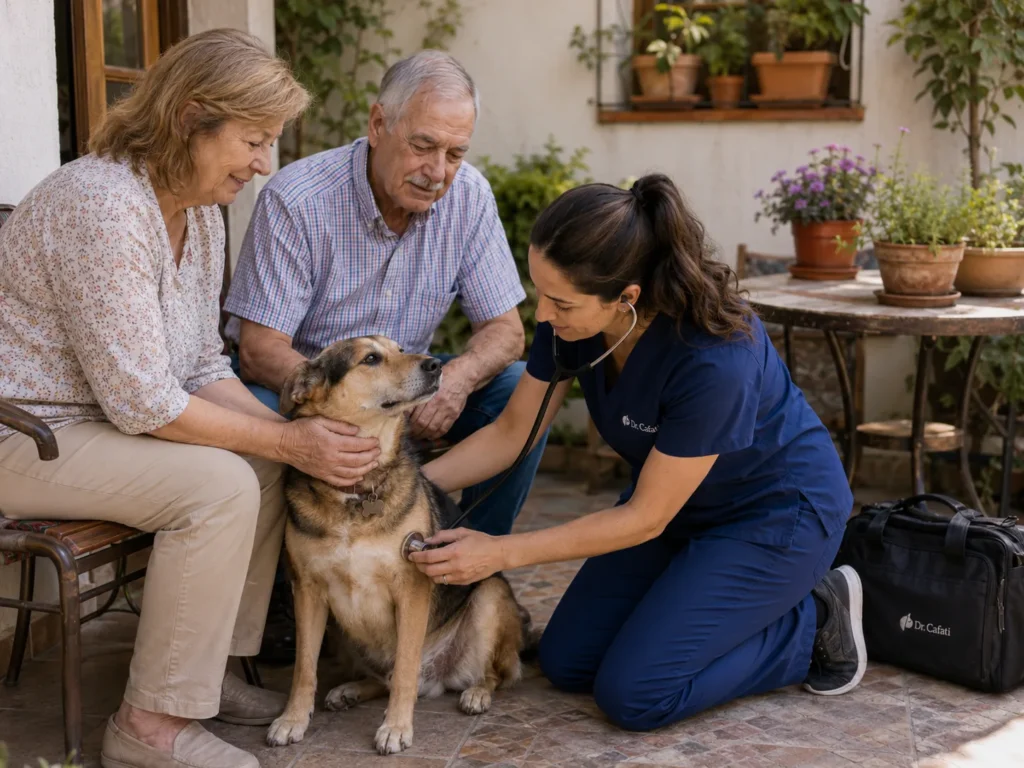 Familia con su mascota en casa, en O'Higgins, esperando a la médica veterinaria a domicilio