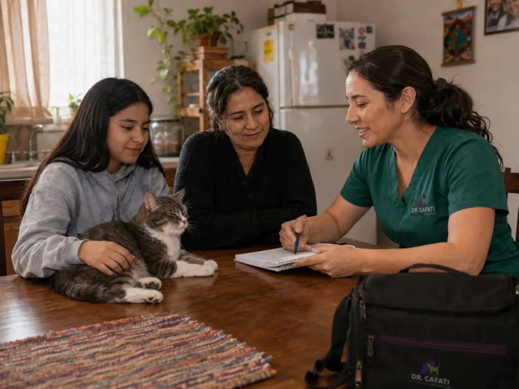 Familia con su mascota en casa, en Maule, esperando a la médica veterinaria a domicilio