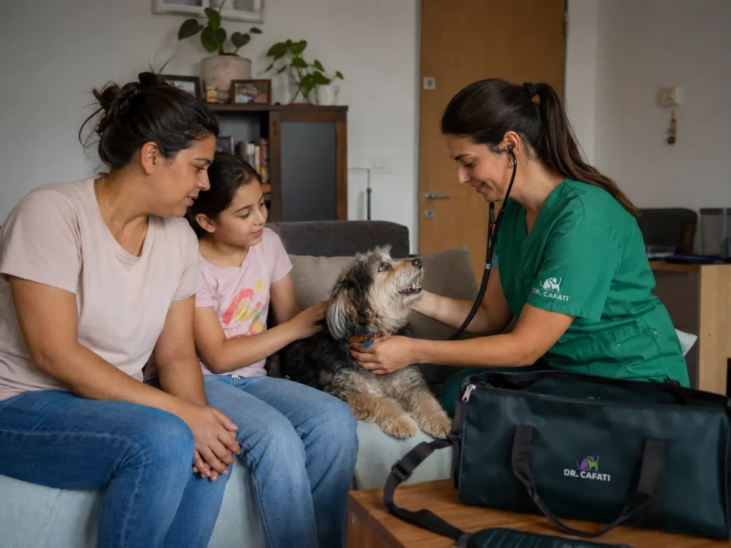 Familia con su mascota en casa, en Los Lagos, esperando a la médica veterinaria a domicilio
