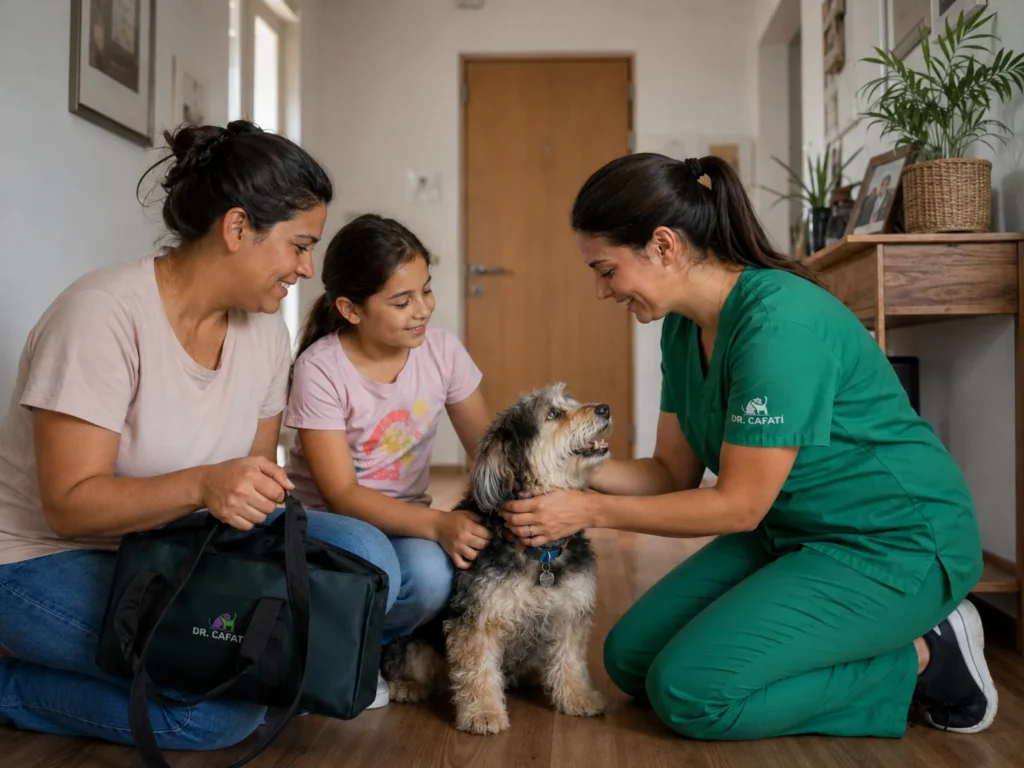Familia con su mascota en casa, en Aysén, esperando a la médica veterinaria a domicilio
