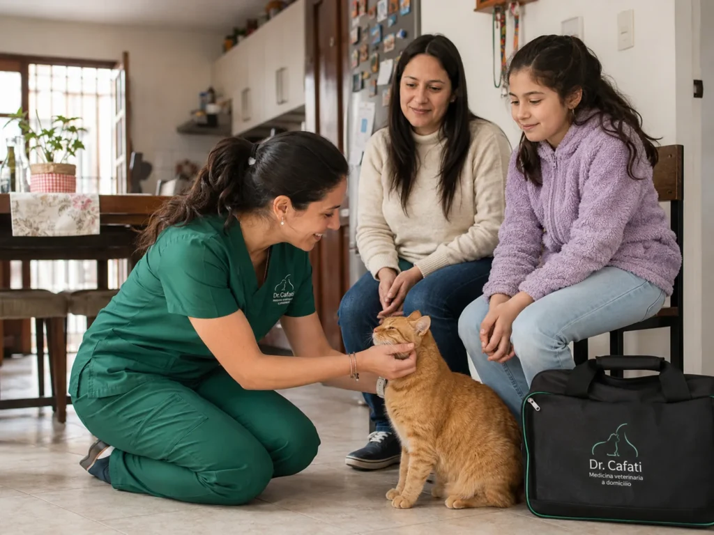 Familia con su mascota en casa, en Magallanes, esperando a la médica veterinaria a domicilio