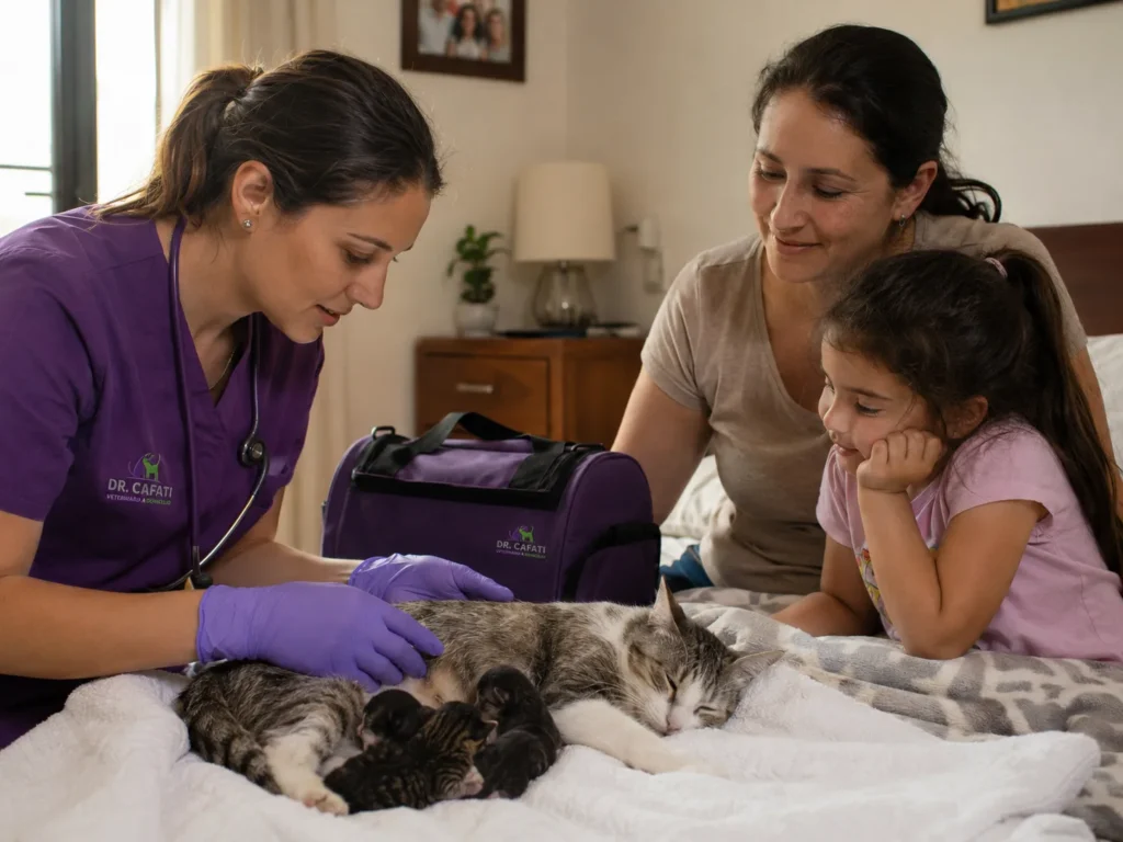 Una familia con su gato durante una consulta veterinaria en casa