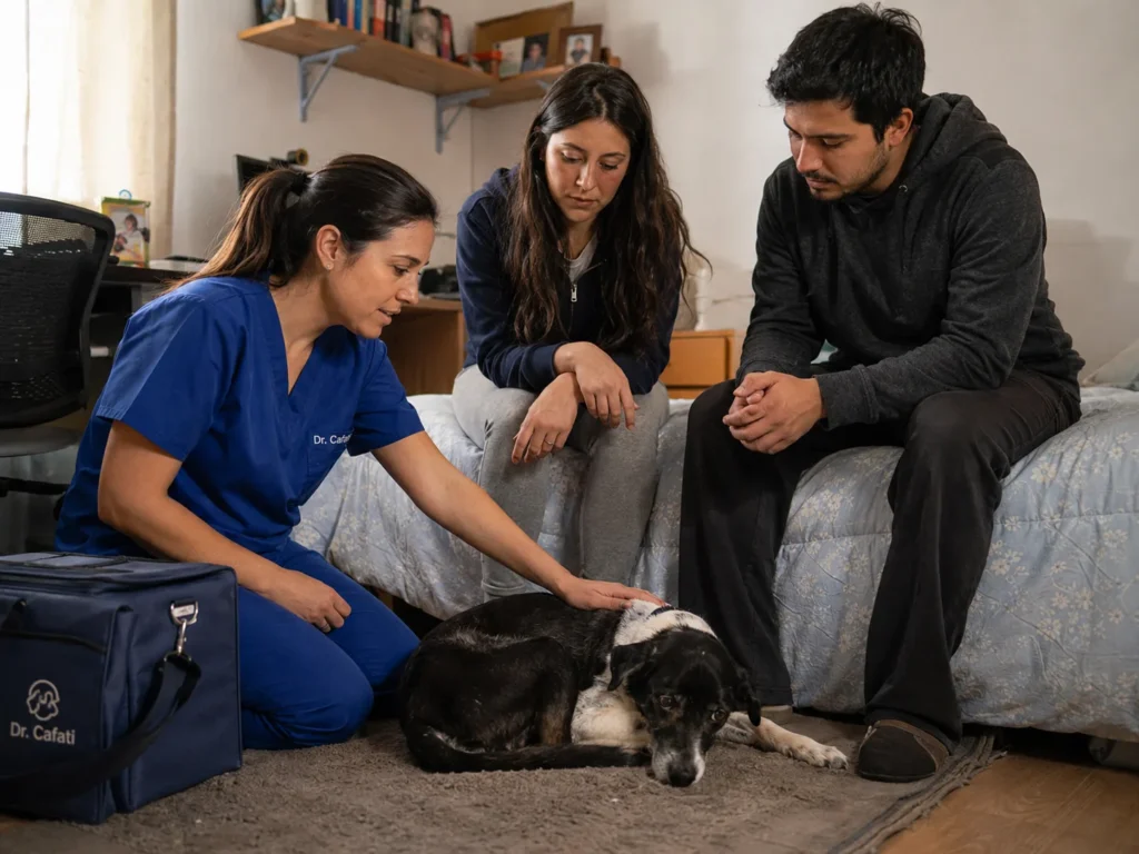 Veterinaria de Cafati conversando con una familia junto a su perro, en el living de la casa, antes de tomar cualquier muestra
