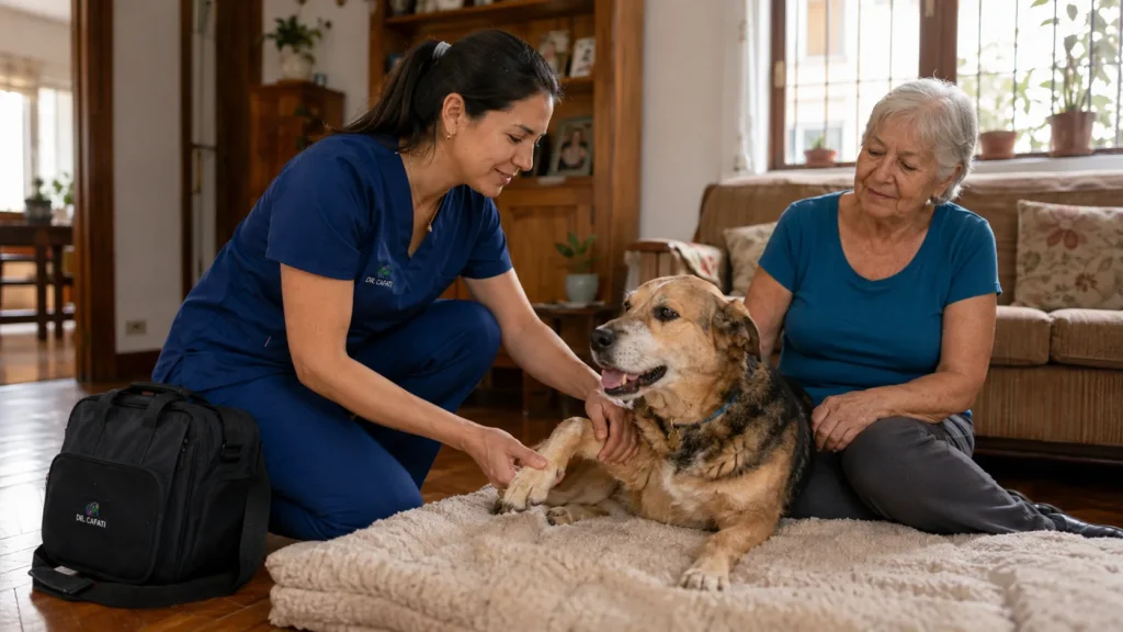 Veterinaria de Cafati atendiendo en su casa a un perro mayor, con su tutora al lado