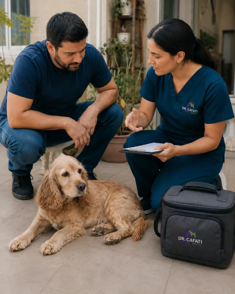Veterinaria de Cafati registrando la evaluación de un perro mientras conversa con su tutora en el domicilio