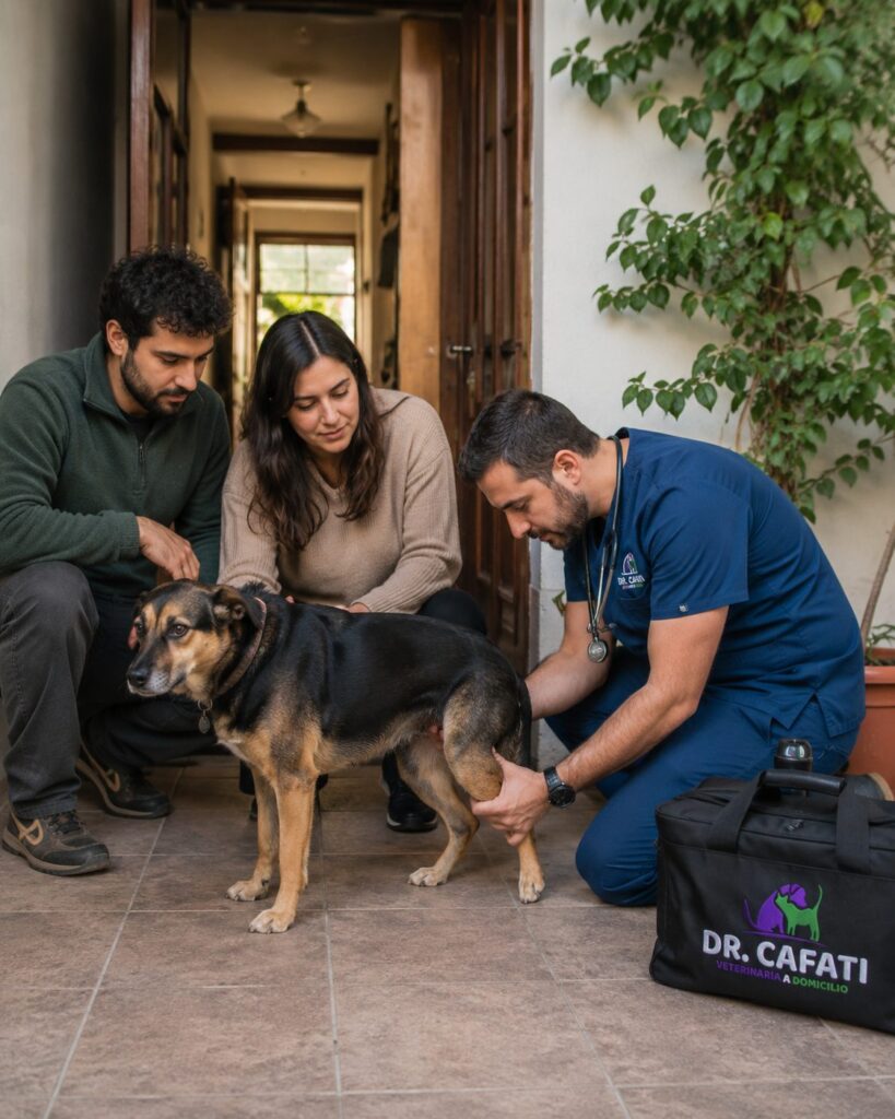 Médico veterinario evaluando la cadera de un perro en el living de su casa, con sus tutores al lado, en una atención de especialidad a domicilio de Veterinaria Cafati