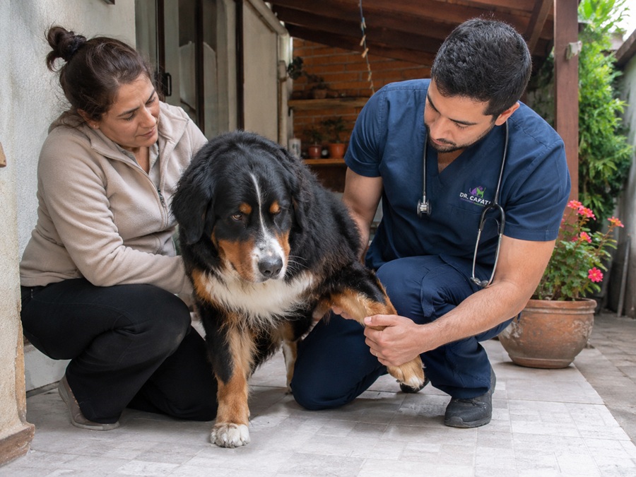 Médico veterinario revisando la pata de un perro en una evaluación traumatológica